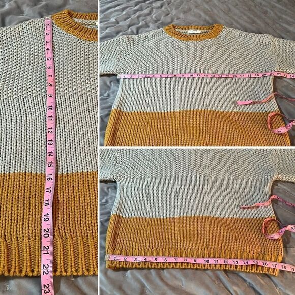 Elodie CrewNeck Colorblock Chunky Knit Sweater Balloon Sleeve Gray Mustard S - Picture 13 of 13